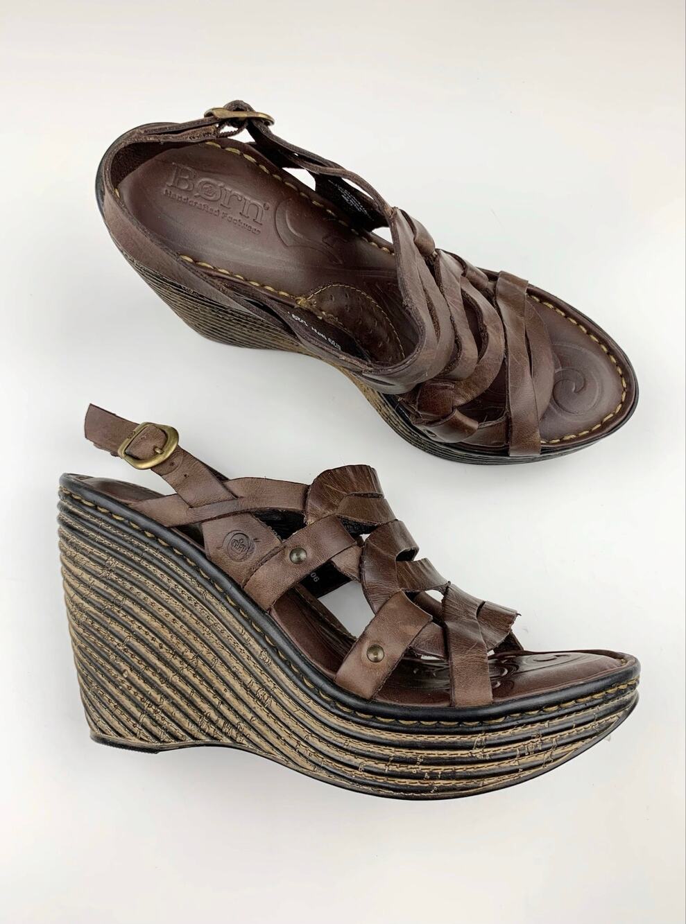 Born Platform Wedge Heel Sandals Brown Leather Strappy Women's 8